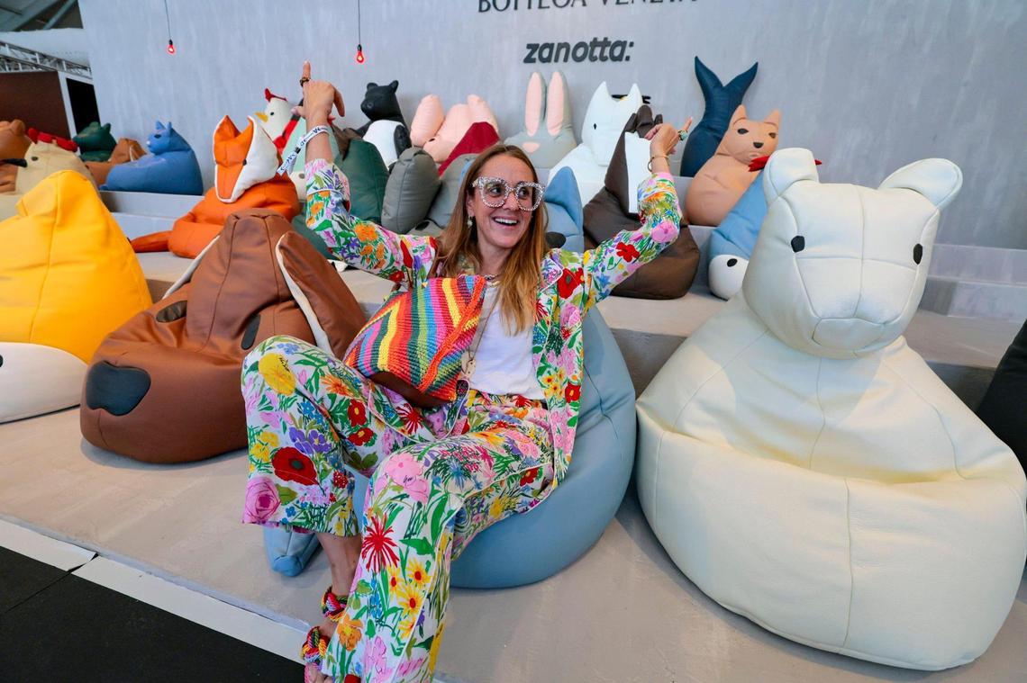 Aurelie Julien sits on an individual animal chair as Bottega Veneta presents “The Ark” by Matthieu Blazy at Design Miami on Miami Beach, Florida on Tuesday, December 3, 2024.