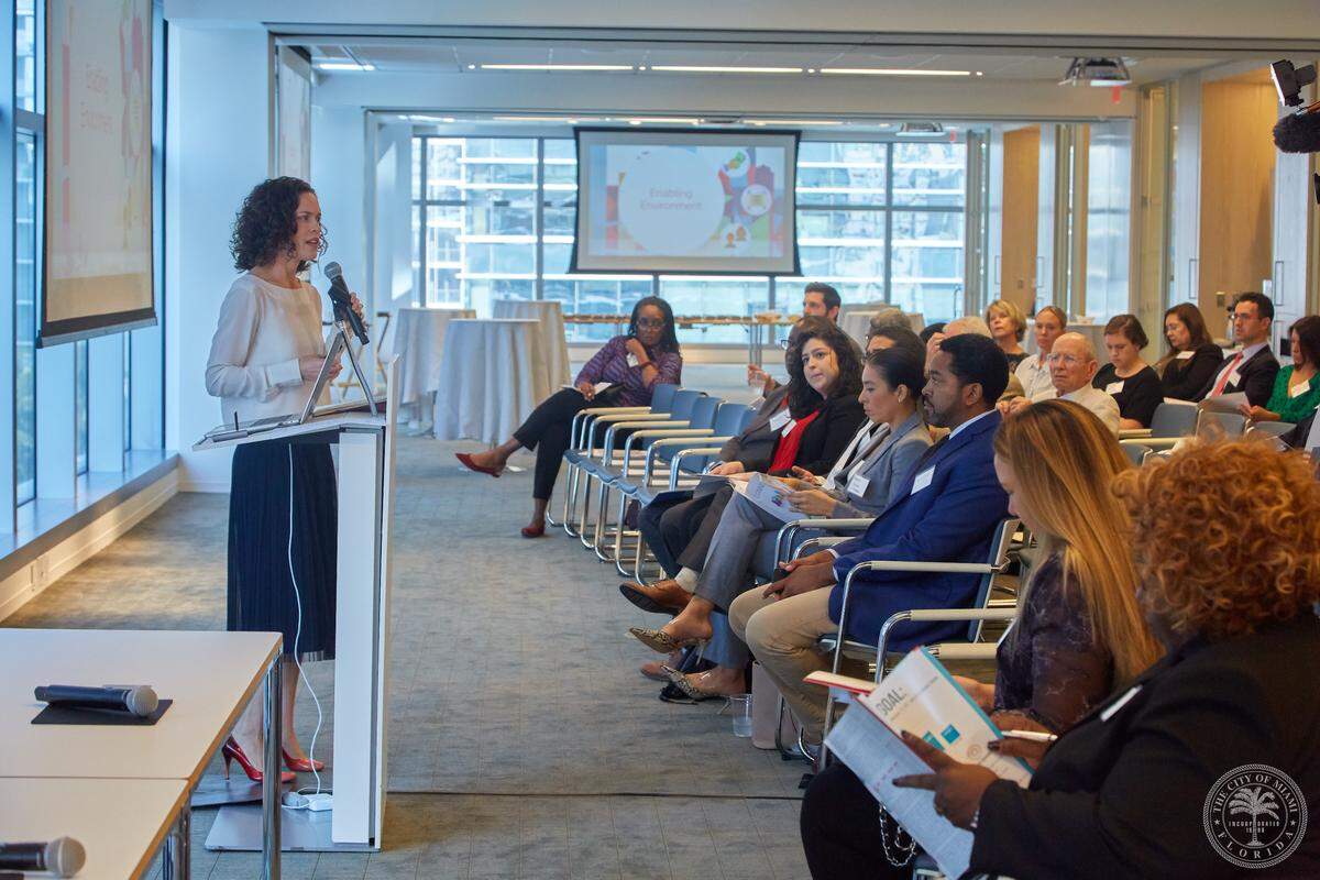 Miami Homes For All executive director Annie Lord speaks during the presentation of a new report on Miami’s housing affordability crisis on Monday May 6.