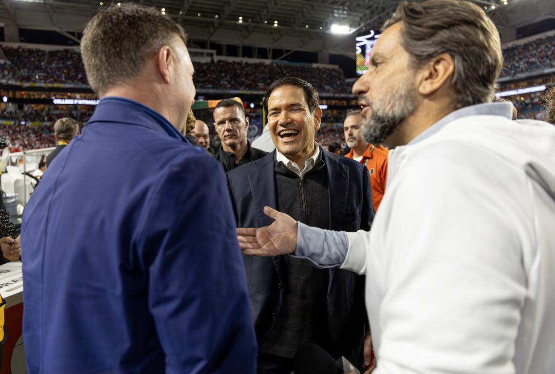 United States Secretary of State Marco Rubio reacts on the field before the College Football Playoff national championship college football game between the Miami Hurricanes and the Indiana Hoosiers on Monday, Jan. 19, 2026, at Hard Rock Stadium in Miami Gardens, Fla.