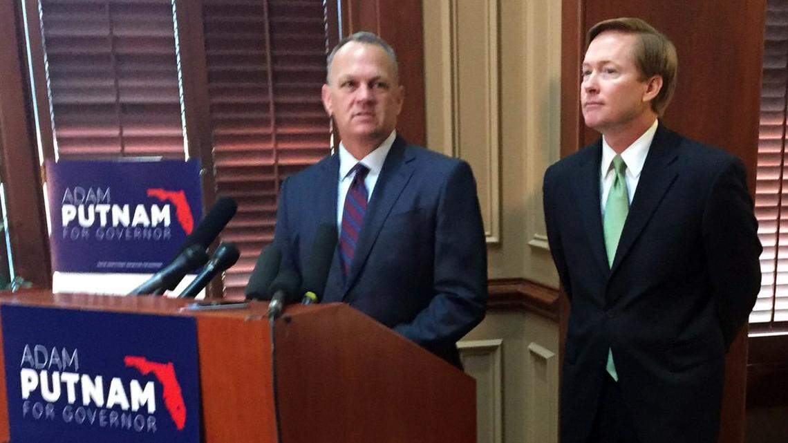 Richard Corcoran, left, announced Wednesday that he would not run for governor and endorsed fellow Republican Adam Putnam, right.