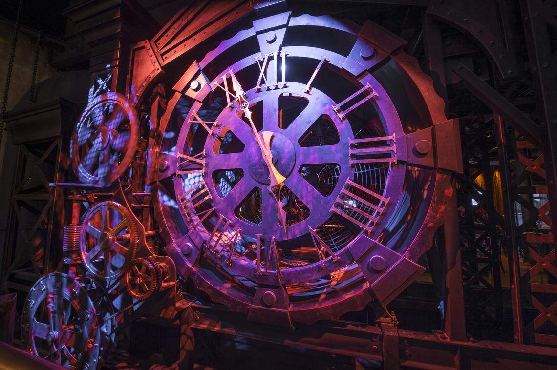 Giant clockworks sit atop the Edison at Disney Springs, an industrial-goth style restaurant offering classic American cuisine and later-night cabaret.