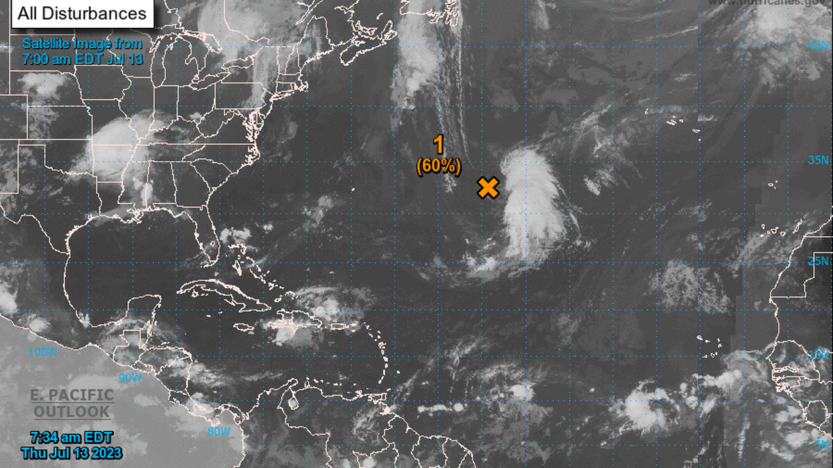 National Hurricane Center’s 8 a.m. Thursday, July 13, 2023, map of the Atlantic shows a system about 800 miles from Bermuda. The low pressure area is not a threat to Florida.