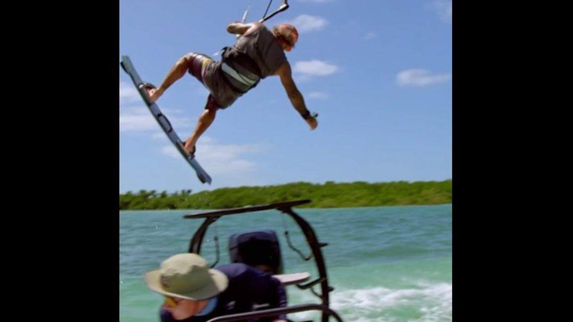 Key West chef and restaurant owner Paul Menta jumps over a flats boat driven by chef Gordon Ramsay on his kite board during an episode of the National Geographic show Uncharted.