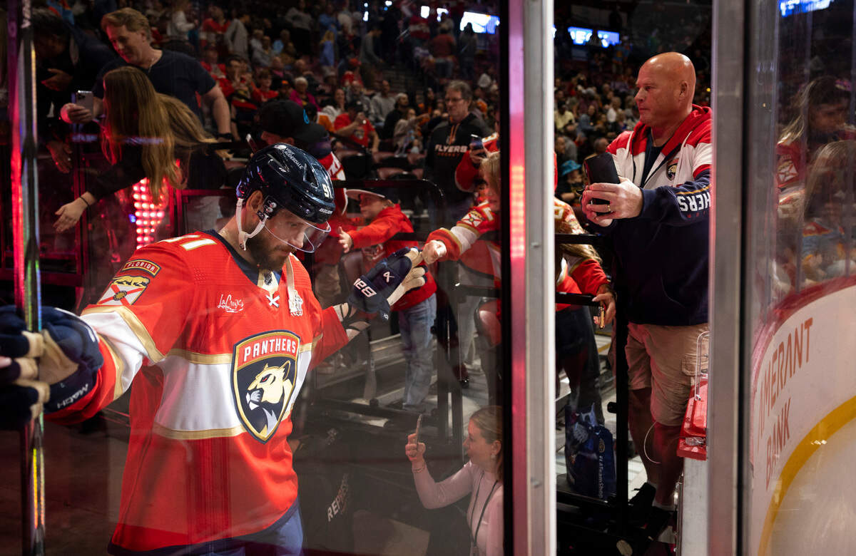 Florida Panthers defenseman Oliver Ekman-Larsson (91) fist bumps a kid before a NHL game against the Philadelphia Flyers on Thursday, March 7, 2024 at Amerant Bank Arena in Sunrise, Fla.