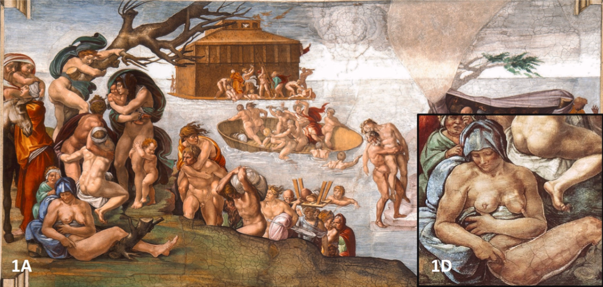 On portion of the chapel is painted with “The Flood,” which includes the image of a young woman wrapped in a blue cloak.