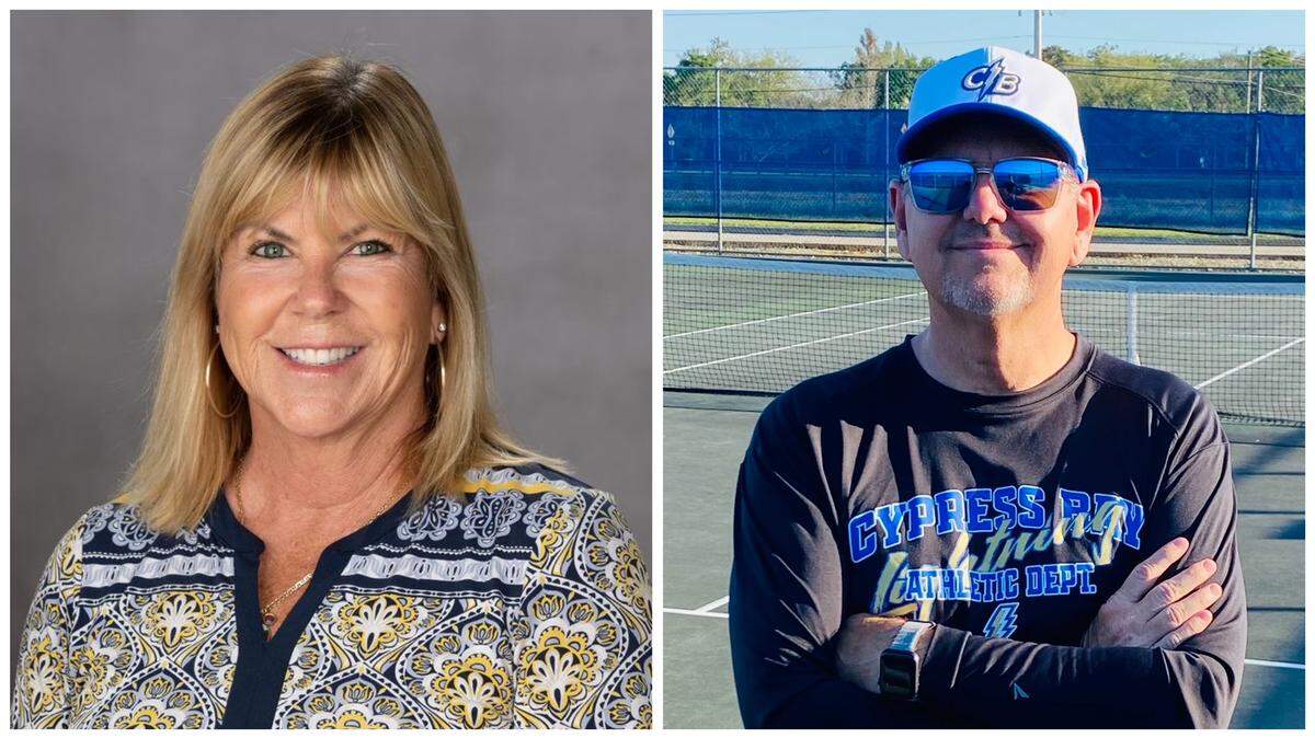 St. Thomas Aquinas’ Carol Deopsomer (left) and Cypress Bay’s Michael Brunt (right) are the Miami Herald 2023 Broward Tennis Coaches of the Year.