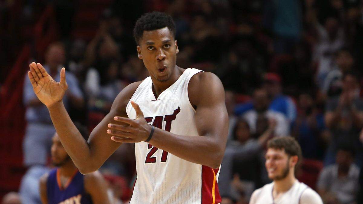 Miami Heat center Hassan Whiteside reacts after a play  during the fourth quarter of an NBA basketball game against the Phoenix Suns at AmericanAirlines Arena in Miami on Tuesday, March 21, 2017.