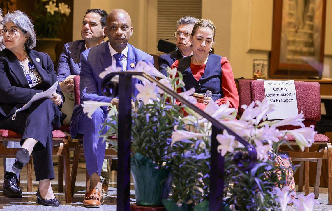 Mayor Daniella Levine Cava, left, and Miami-Dade Commissioners Oliver G. Gilbert, III, center, and Raquel A. Regalado, right, attend the PACT assembly. 