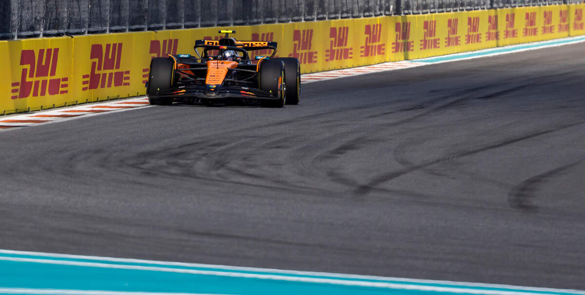 McLaren driver Lando Norris of Britain takes a turn during the Sprint Qualifying session on the first day of the Formula One Miami Grand Prix at the Miami International Autodrome on Friday, May 2, 2025, in Miami Gardens, Fla.