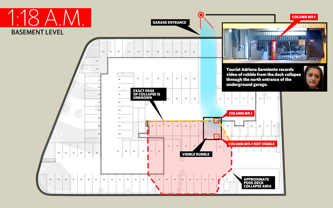 A partial view of the pool deck collapse at Champlain Tower South is visible in a video taken by Adriana Sarmiento at 1:18 a.m. on June 24, just four minutes before the tower above it collapsed.