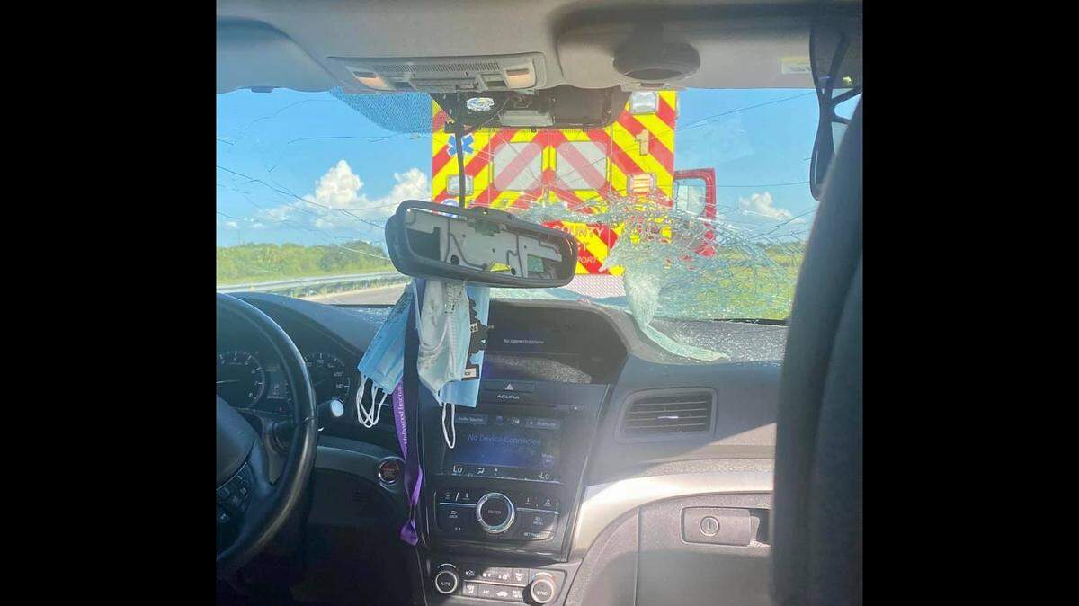 Así quedó el interior de un auto después de que una tortuga atravesara el parabrisas en la autopista Turnpike de la Florida, en el Condado St. Lucie, el 30 de julio de 2021.