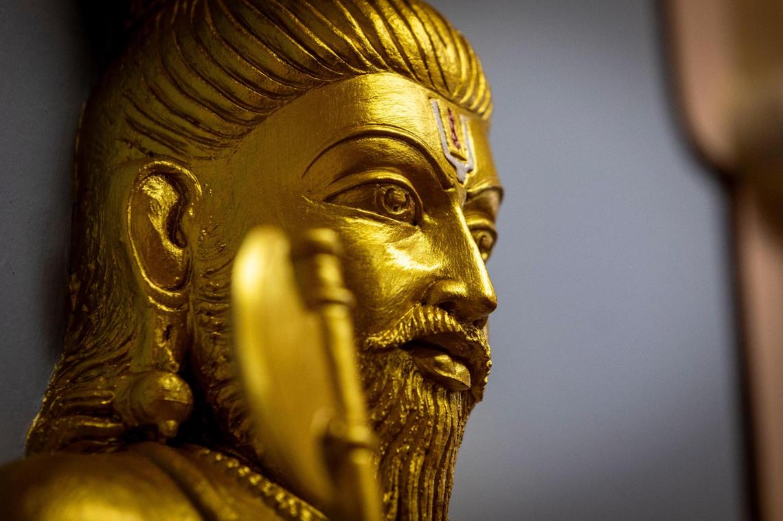 A detail of a statue of Parashurama, one of the ten avatars of the Hindu deity, Vishnu, inside a community center on the site of the Shiva Vishnu Temple of South Florida.