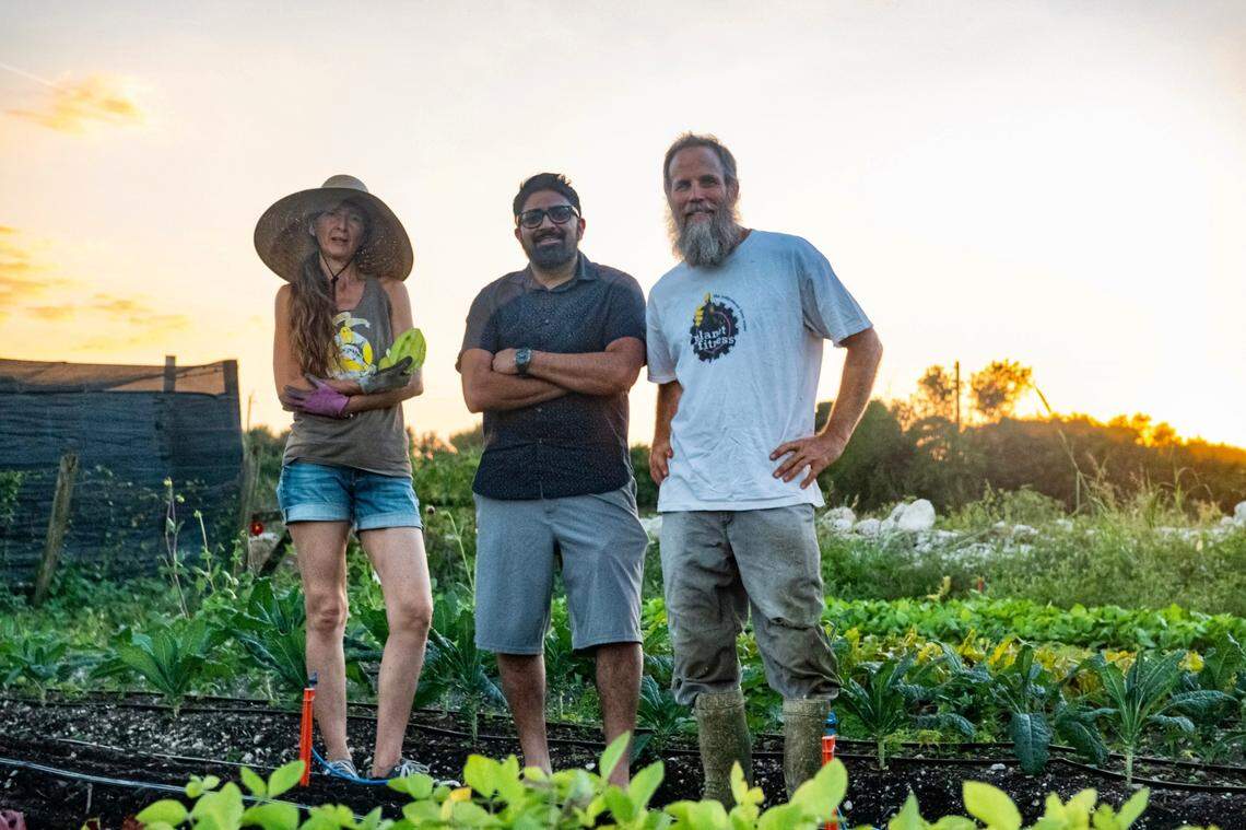 Chef Niven Patel, center, works with farmers Laura and Brendan Sutton to grown produce specifically for his restaurant, grown in the acreage behind his Homestead home and their nearby property.