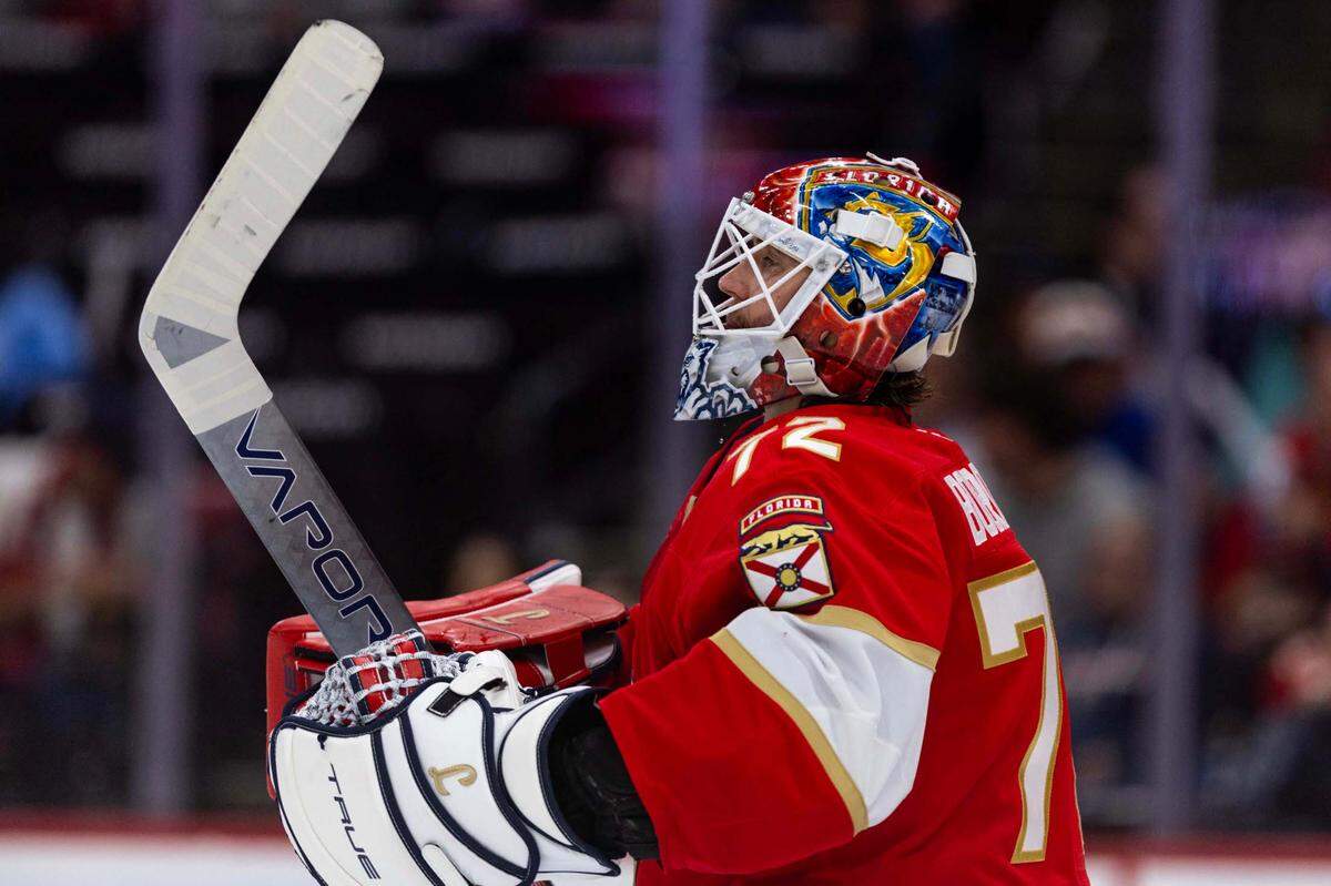 Florida Panthers goaltender Sergei Bobrovsky (72) looks on during the third period of an NHL game against the Detroit Red Wings at Amerant Bank Arena on Thursday, April 10, 2025, in Sunrise, Fla.