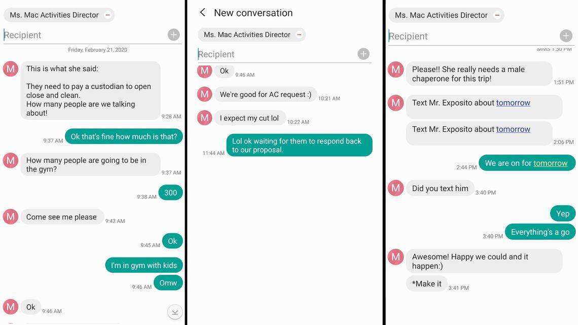 Screenshots of texts between Miami Beach Senior High’s basketball coach Jacob Shaw and activities director Maylee Ann Costa, known as Ms. Mac, show the two made arrangements for a “Twerk Tour” in the school gym.