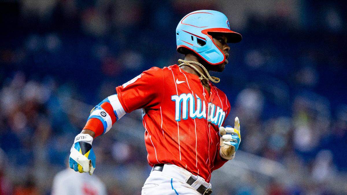 Miami Marlins batter Jazz Chisholm Jr. (2) runs to first base during the ninth inning of an MLB game against the Atlanta Braves at loanDepot park in the Little Havana neighborhood of Miami, Florida, on Saturday, July 10, 2021. Atlanta defeated Miami 5-4.