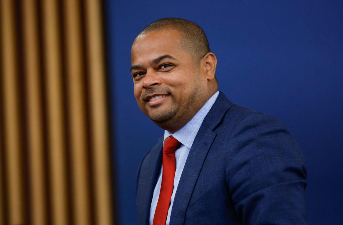 Miami-Dade Commissioner Keon Hardemon looks out toward the commission chambers in Miami on Tuesday, April 4, 2023.