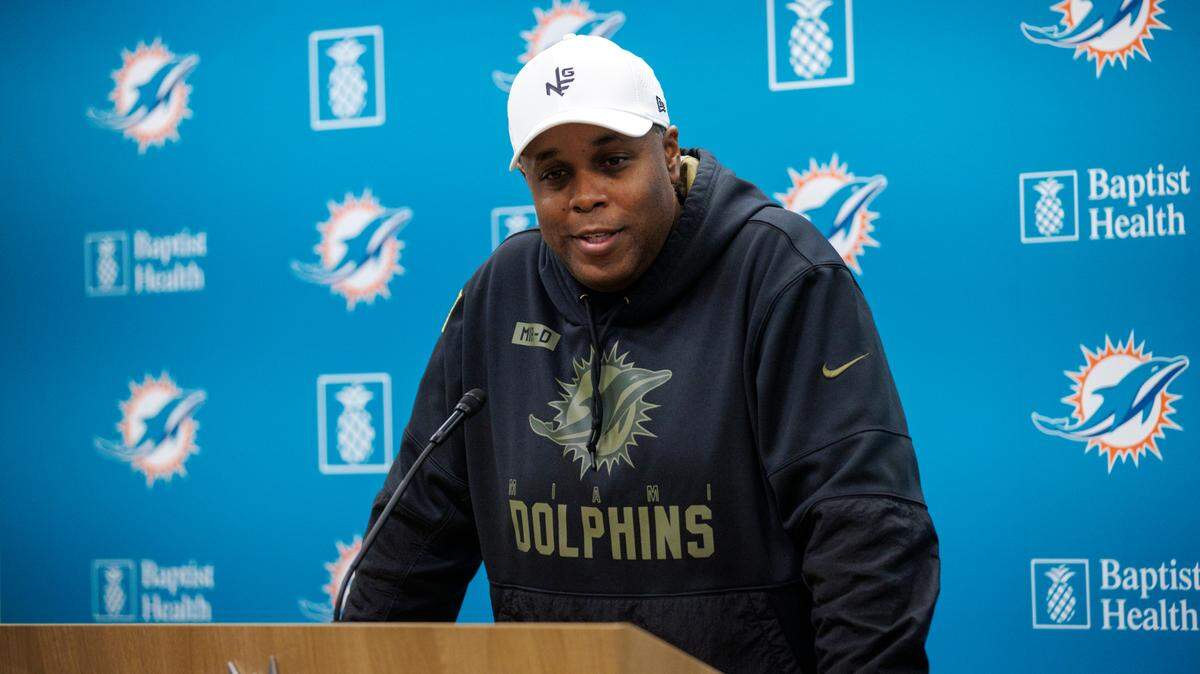 Miami Dolphins general manager Chris Grier speaks during press conference at Baptist Health Training Complex in Hard Rock Stadium on Wednesday, April 20, 2022 in Miami Gardens, Florida.