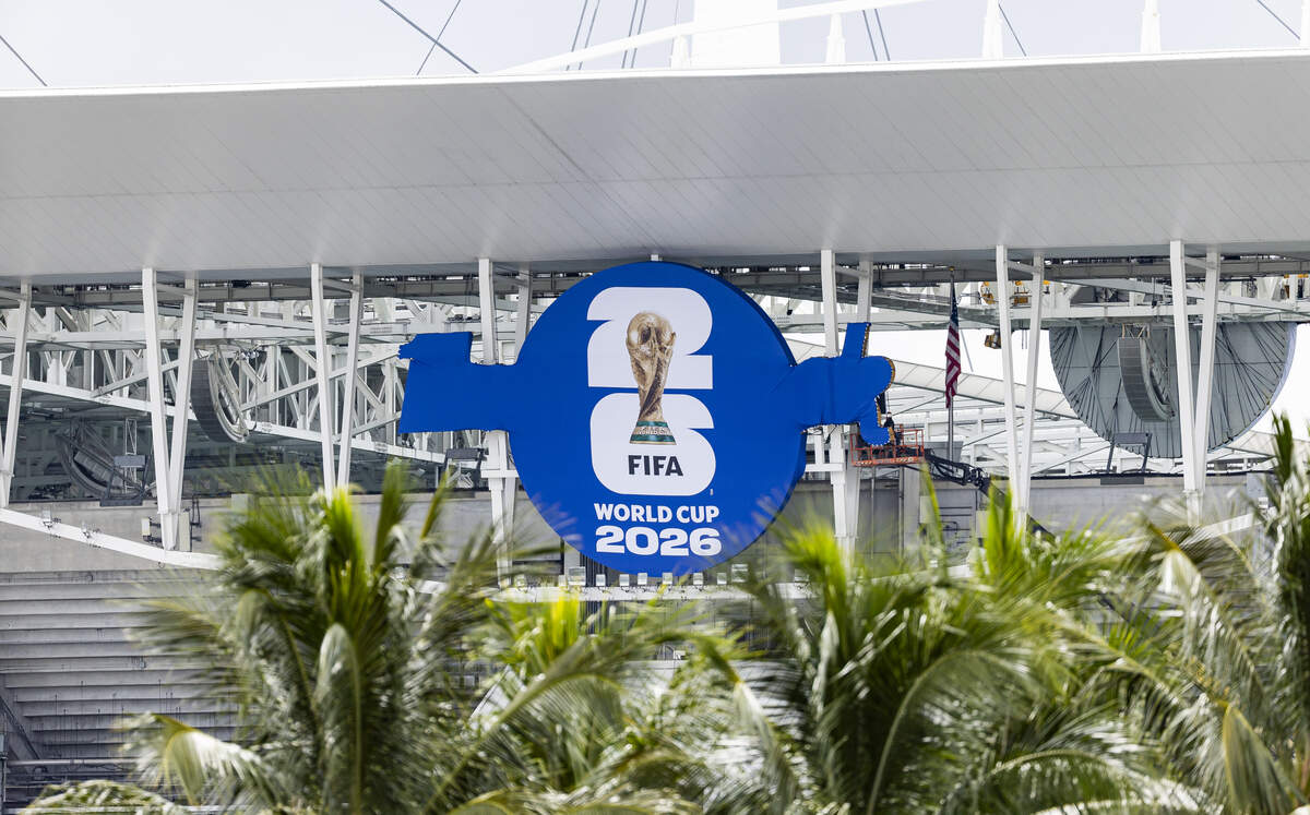 The FIFA World Cup 2026 logo is seen covering Hard Rock Stadium signage on Tuesday, June 9, 2026, in Miami Gardens, Fla.