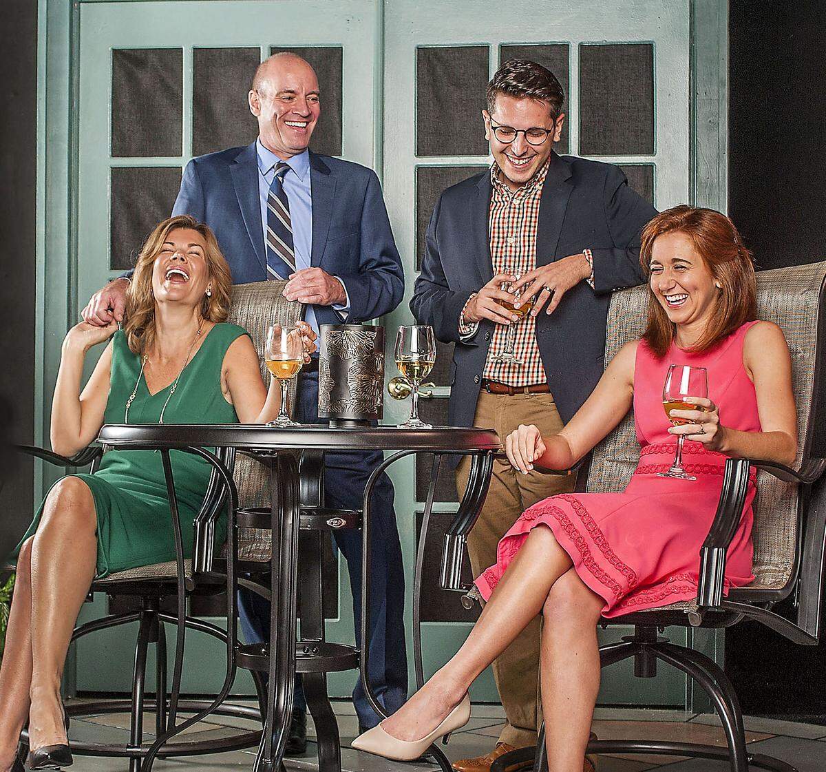 Mia Matthews, Tom Wahl, Ryan Didato and Whitney Grace have a laugh in “White Guy on the Bus” at GableStage.