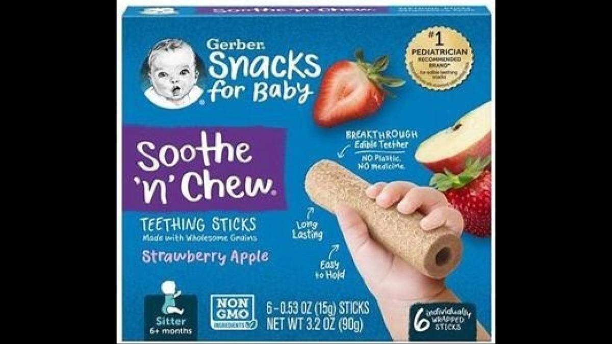 Gerber Soothe N Chew Teething Sticks in strawberry apple flavor.