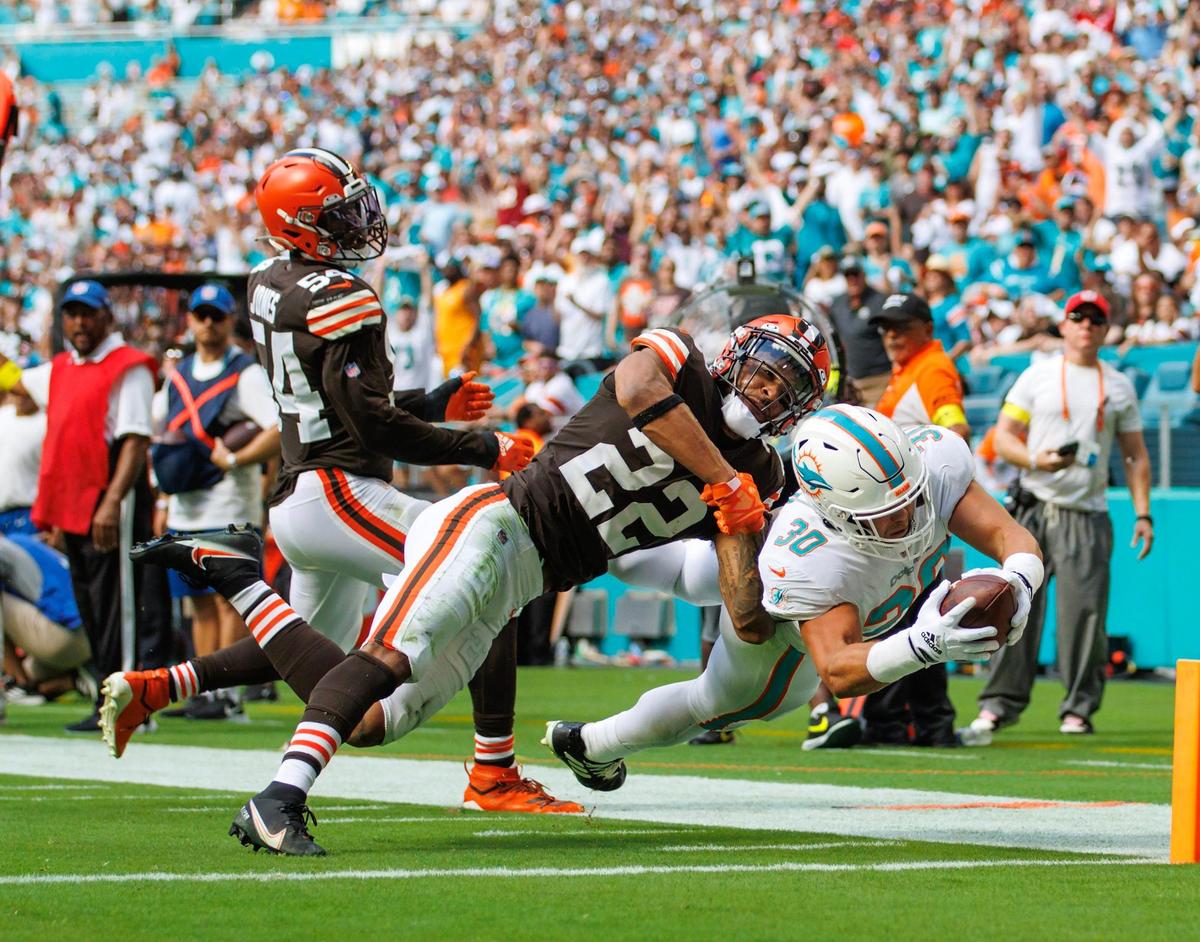 Miami Dolphins fullback Alec Ingold (30) scores a touchdown against the defense of Cleveland Browns safety Grant Delpit (22) during first quarter of an NFL football game at Hard Rock Stadium on Sunday, November 13, 2022 in Miami Gardens, Florida.