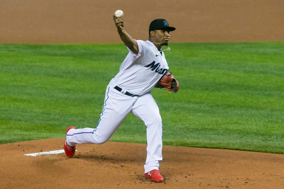 Miami Marlins starting pitcher Sixto Snchez (73) pitches in the first inning of a Major League Baseball game during the first game of a doubleheader against the Washington Nationals at Marlins Park in Miami, Florida on Friday, September 18, 2020.
