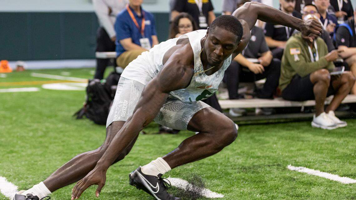 Cornerback DJ Ivey runs drills during Football Pro Day at the University of Miami’s indoor practice facility on Monday, March 27, 2023 in Coral Gables, Fla.