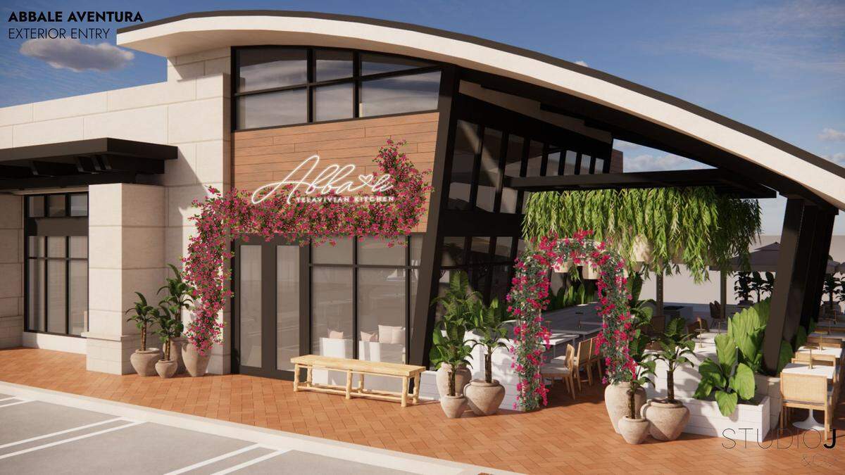 This rendering shows the plan for the exterior of Abbale Telavivian Kitchen, opening in the former space of 800 Degrees Woodfired Kitchen, which was owned by Miami Heat stars Dwyane Wade and Udonis Haslem.
