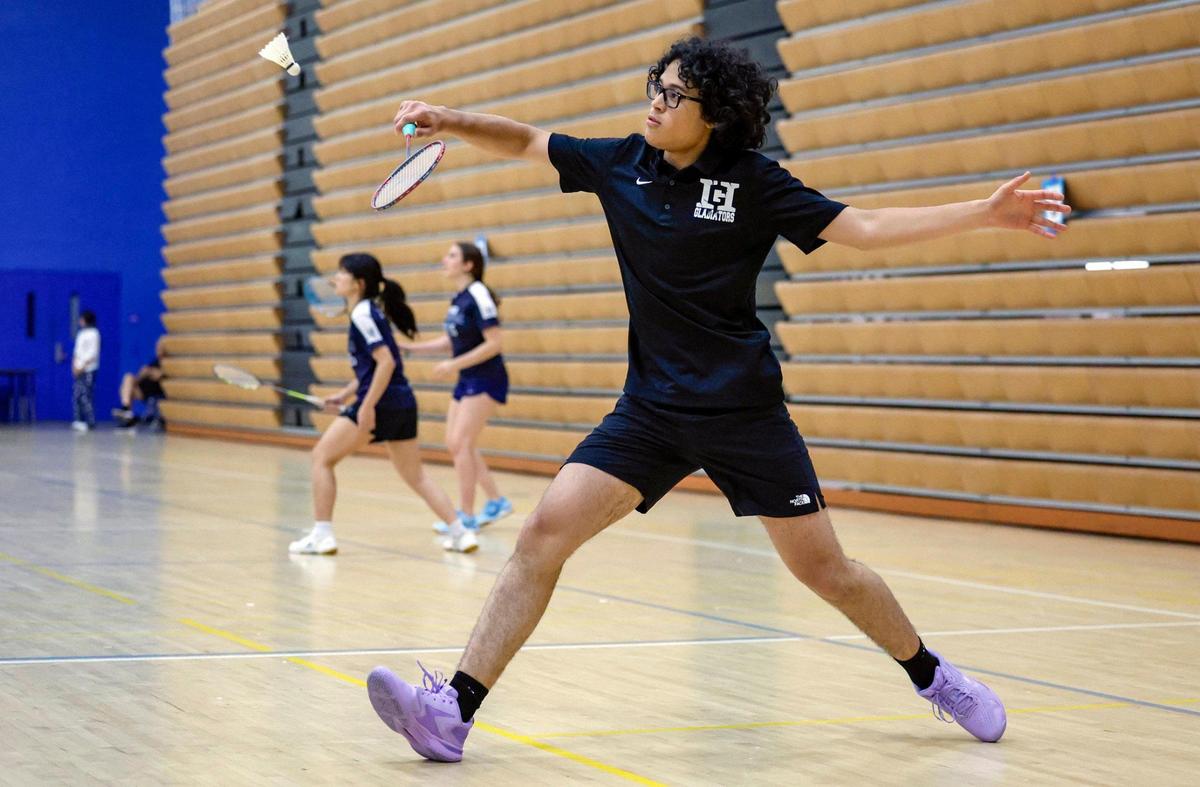 Hialeah Gardens Senior High School’s All-County Athlete in boys singles Joshua Peralta in action at the Greater Miami Athletic Conference badminton finals at Braddock High School in Miami, Florida on Wednesday, April 23, 2025.