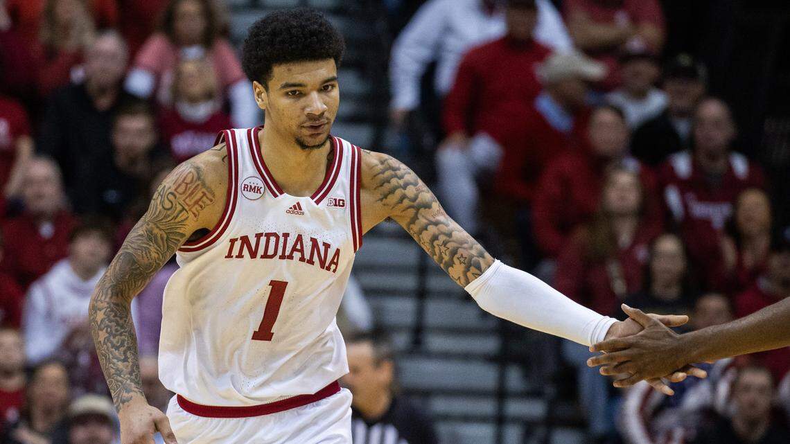 Indiana Hoosiers center Kel’el Ware (1) celebrates a made shot in the second half against the Michigan State Spartans at Simon Skjodt Assembly Hall.
