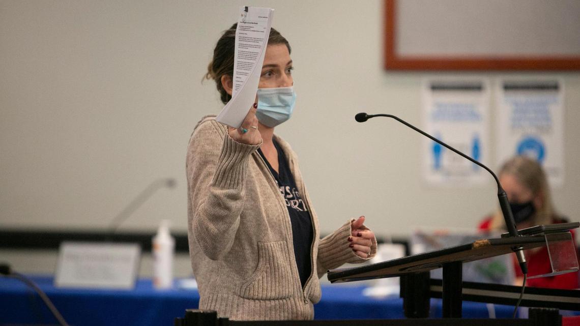 Sarah Demauro, of Coral Springs, a parent and co-chair of Moms for Liberty, speaks against Broward School’s mask mandate during a meeting of the Broward County School Board in October 2021. Moms for Liberty is among the conservative groups seeking to ban certain books from schools.