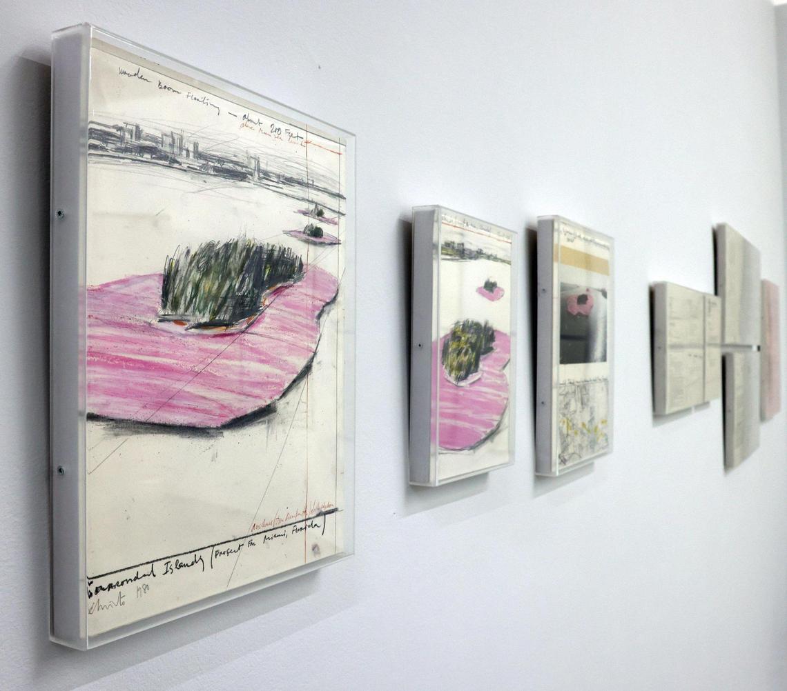 Displayed are the renderings, plans, and other documents pertaining to the execution of Christo and Jeanne-Claude’s 1983 conceptual art project, “Surrounded Islands,” that is now part of the NSU Art Museum’s collection in Fort Lauderdale, Florida on Tuesday, February 19, 2025.