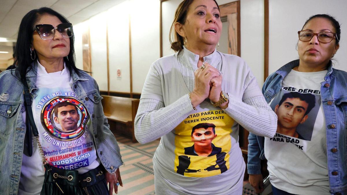 Dalgis Reyna Fonseca, at center, joins supporters of suspect Derek Rosa,14, as she speaks to reporters after a hearing in Judge Richard Hersch’s courtroom at the Richard E. Gerstein Justice Building in Miami, Florida on Thursday, January 16, 2025. Rosa is accused of stabbing his mother to death while she slept at their Hialeah home.