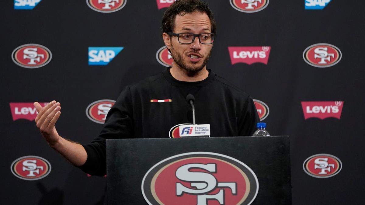 San Francisco 49ers offensive coordinator Mike McDaniel speaks during a news conference at NFL football training camp in Santa Clara, Calif., Thursday, July 29, 2021. (AP Photo/Jeff Chiu)