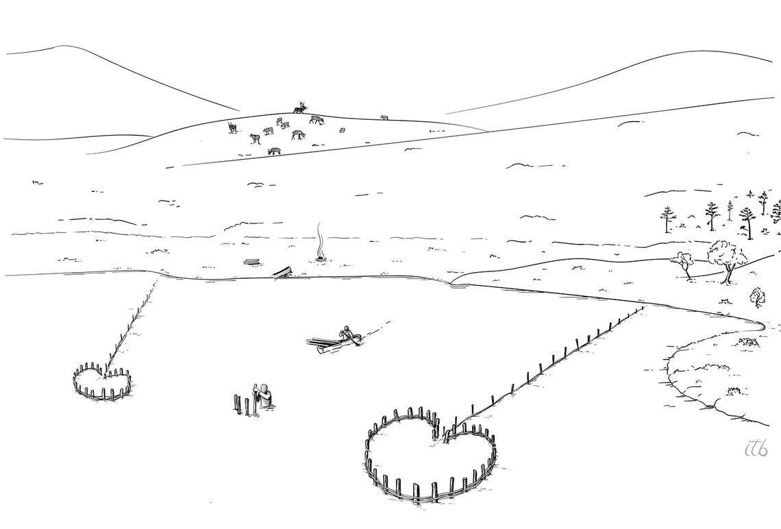 An illustration shows what the fish traps (circular structures) probably looked like 7,000 years ago.