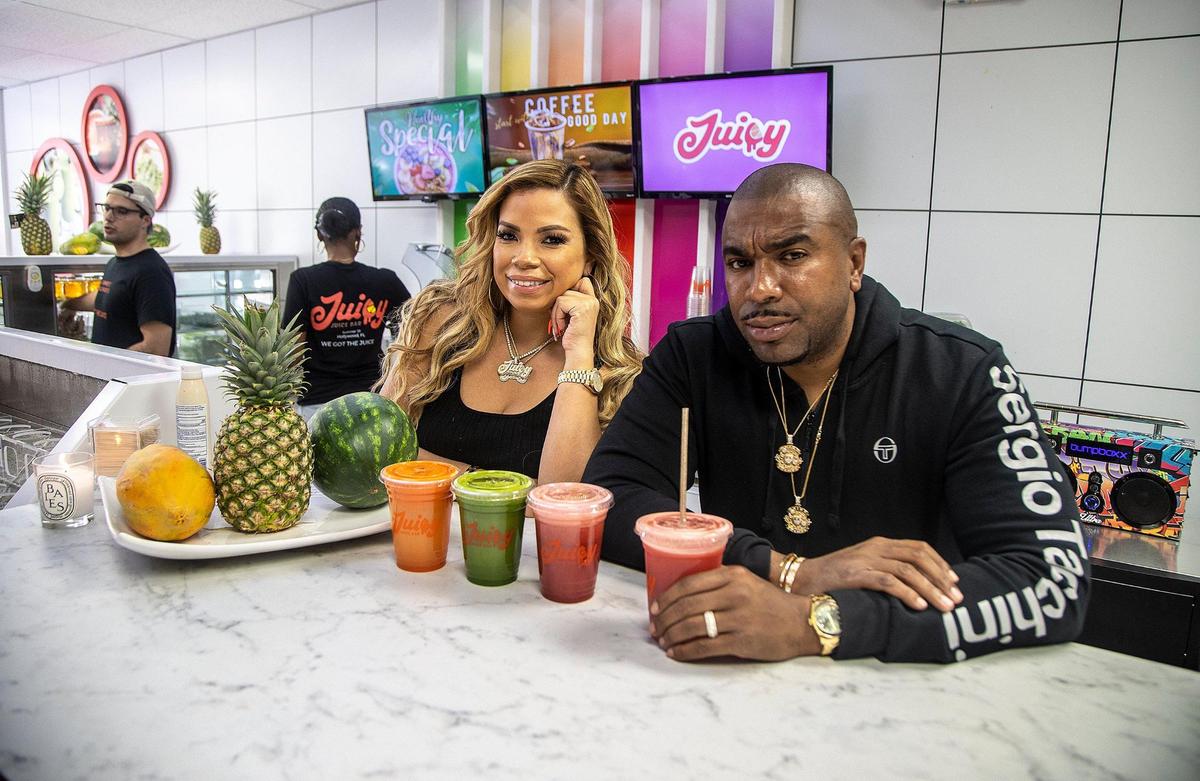 Owners Neri Santiago and her husband, N.O.R.E., the former rapper and co-host of popular music podcast “Drink Champs,” recently opened a juice bar named Juicy Juice Bar in Hollywood.