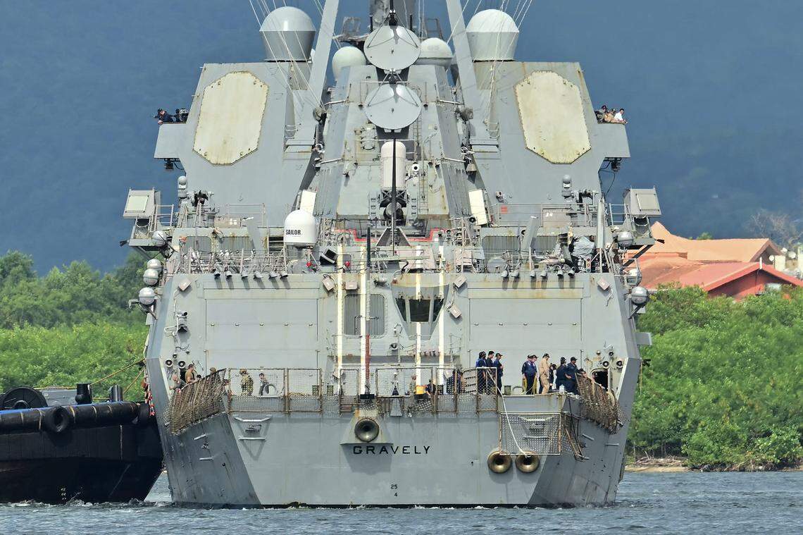 The USS Gravely warship docks in Port of Spain, the capital of Trinidad and Tobago, on Oct. 26, 2025. The warship arrived there as the United States ratchets up its campaign against&nbsp;Venezuelan strongman Nicolás Maduro. Port of Spain is close to Venezuela’s northern border.          