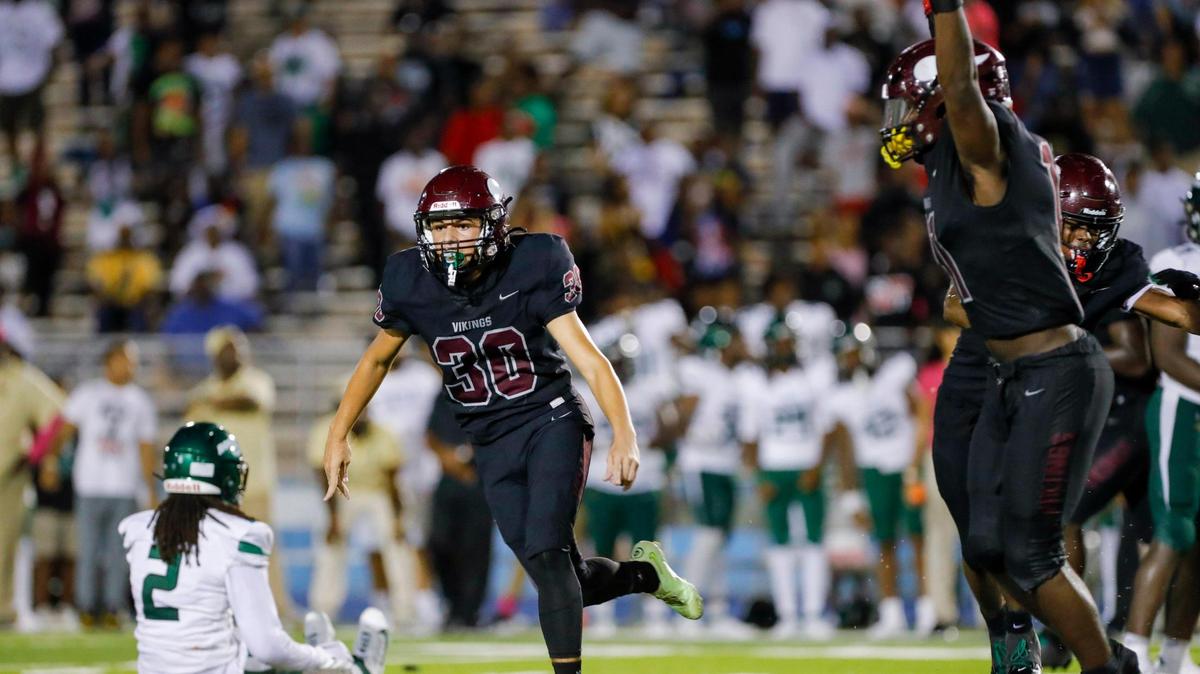 Norland Vikings kicker Noah Sidan (30) runs on the field after scoring the game winning field goal against the Central Rockets during overtime of a high school football game at Traz Powell Stadium in Miami Florida, Friday, October 13, 2023.