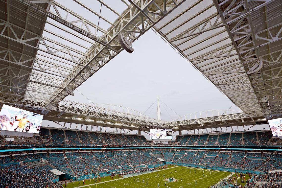 The renovated Hard Rock Stadium canopy covers the fans in Miami Gardens, Florida, Sept. 1, 2016.
