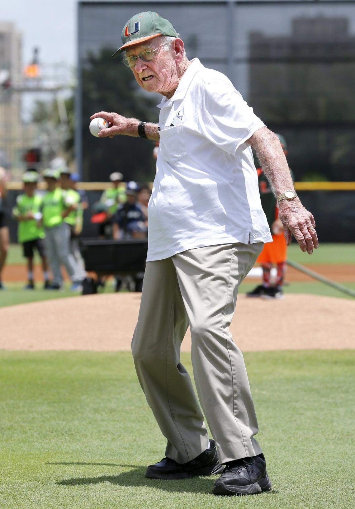 G. Holmes Braddock throws the first pitch as the University of Miami hosts Virginia Tech at Alex Rodriguez Park at Mark Light Field on Saturday, May 20, 2017.