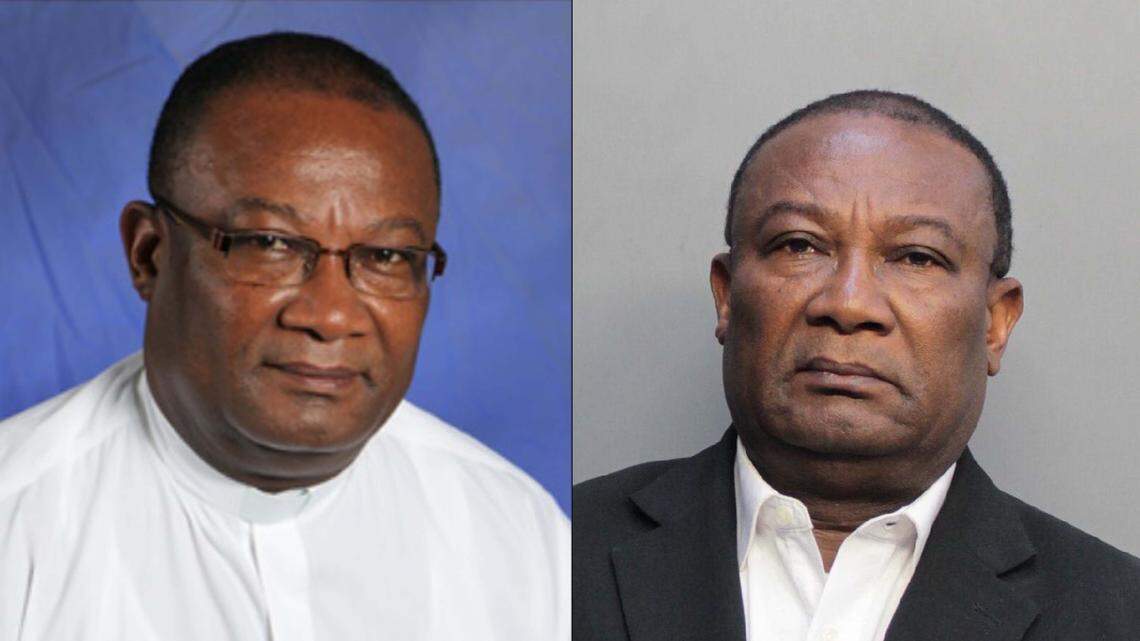 Father Jean Claude Jean-Philippe, shown on the left on the website of Sacred Heart Catholic Church, was arrested on March 15, 2019 on allegations he raped a parishioner. The photo on the right is his jail booking mugshot.
