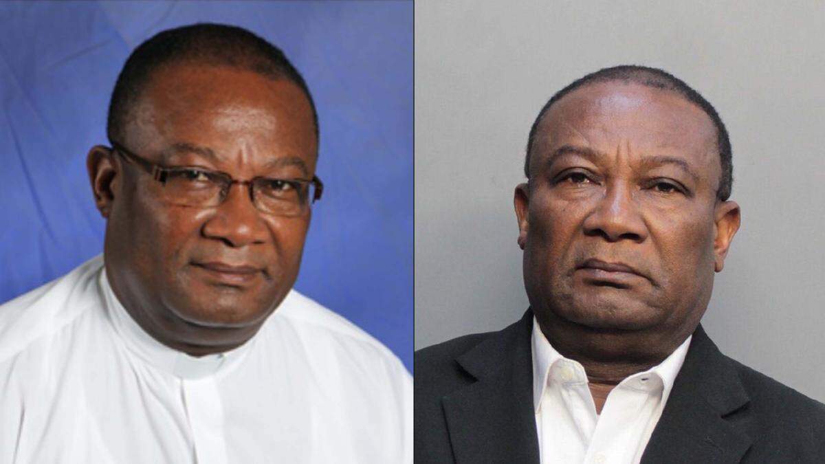 Father Jean Claude Jean-Philippe, shown on the left on the website of Sacred Heart Catholic Church, was arrested on March 15, 2019 on allegations he raped a parishioner. The photo on the right is his jail booking mugshot.