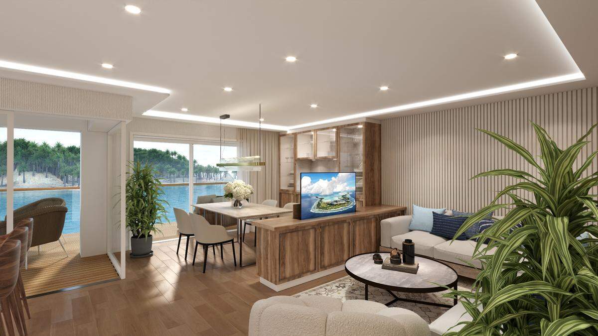 This is a rendering of the living room in one of the homes on Storylines’ MV Narrative ship.