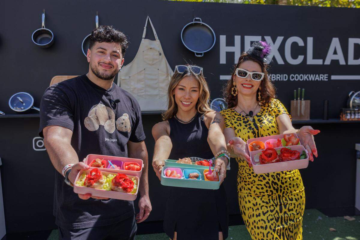 Social media stars Ahmad Alzahabi (@thegoldenbalance), Jessica Woo (@sulheejessica) and Nadia Caterina Munno (@thepastaqueen) at the 2023 FoodieCon at the South Beach Wine & Food Festival.