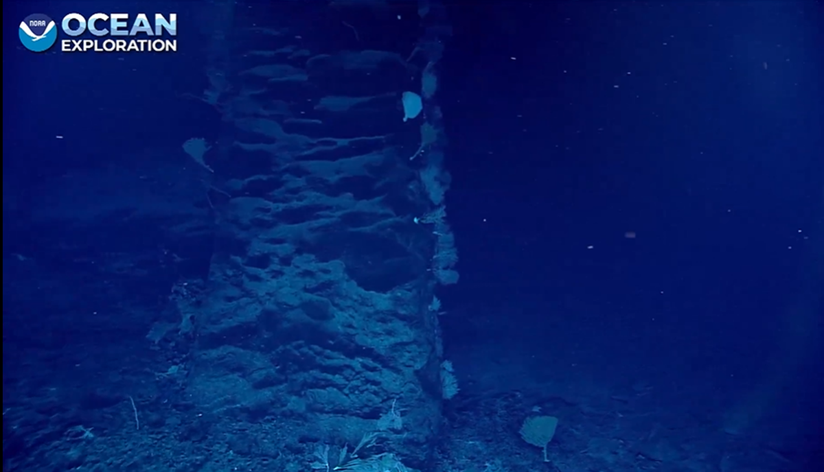 This shows the moment the base of the monolith rock came into view of a remotely operated camera on April 22 in the Pacific Ocean.