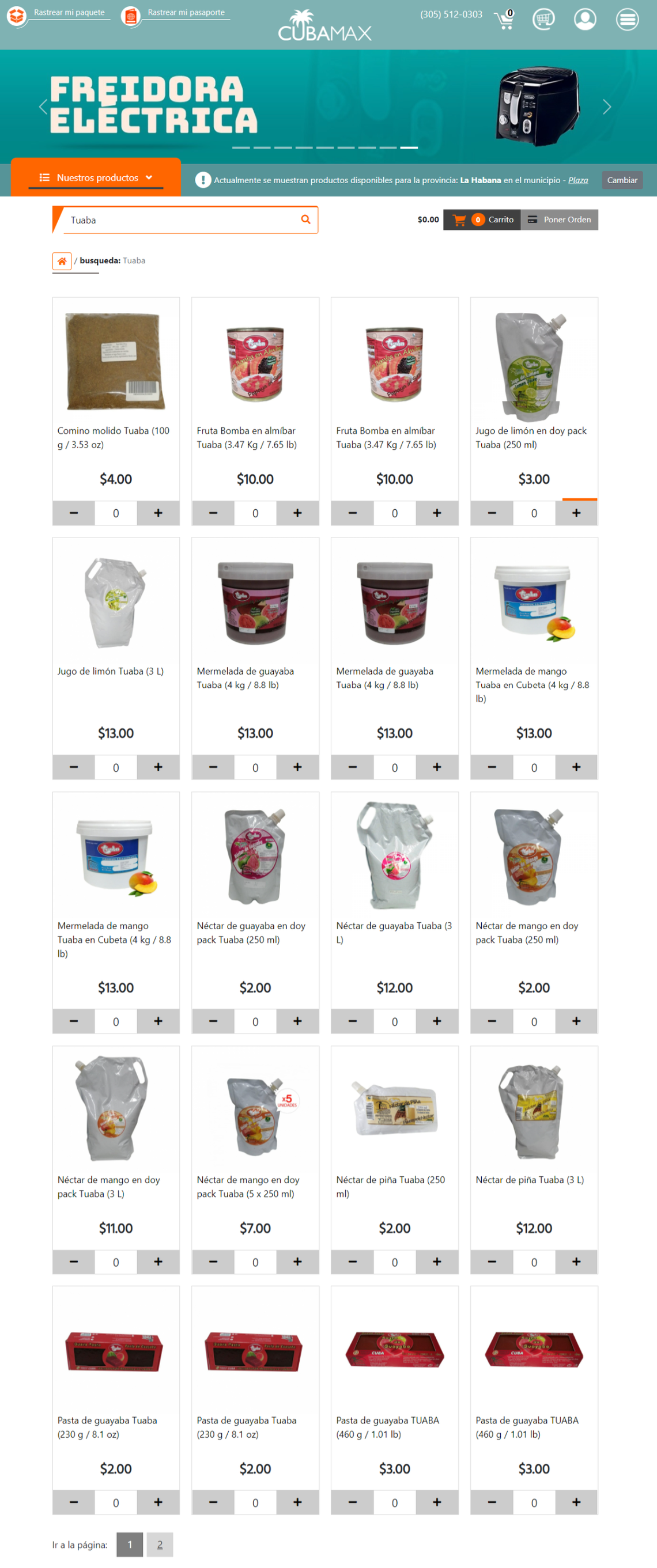 Screenshot of the website Cubamax.com showing Tuaba products for sale.