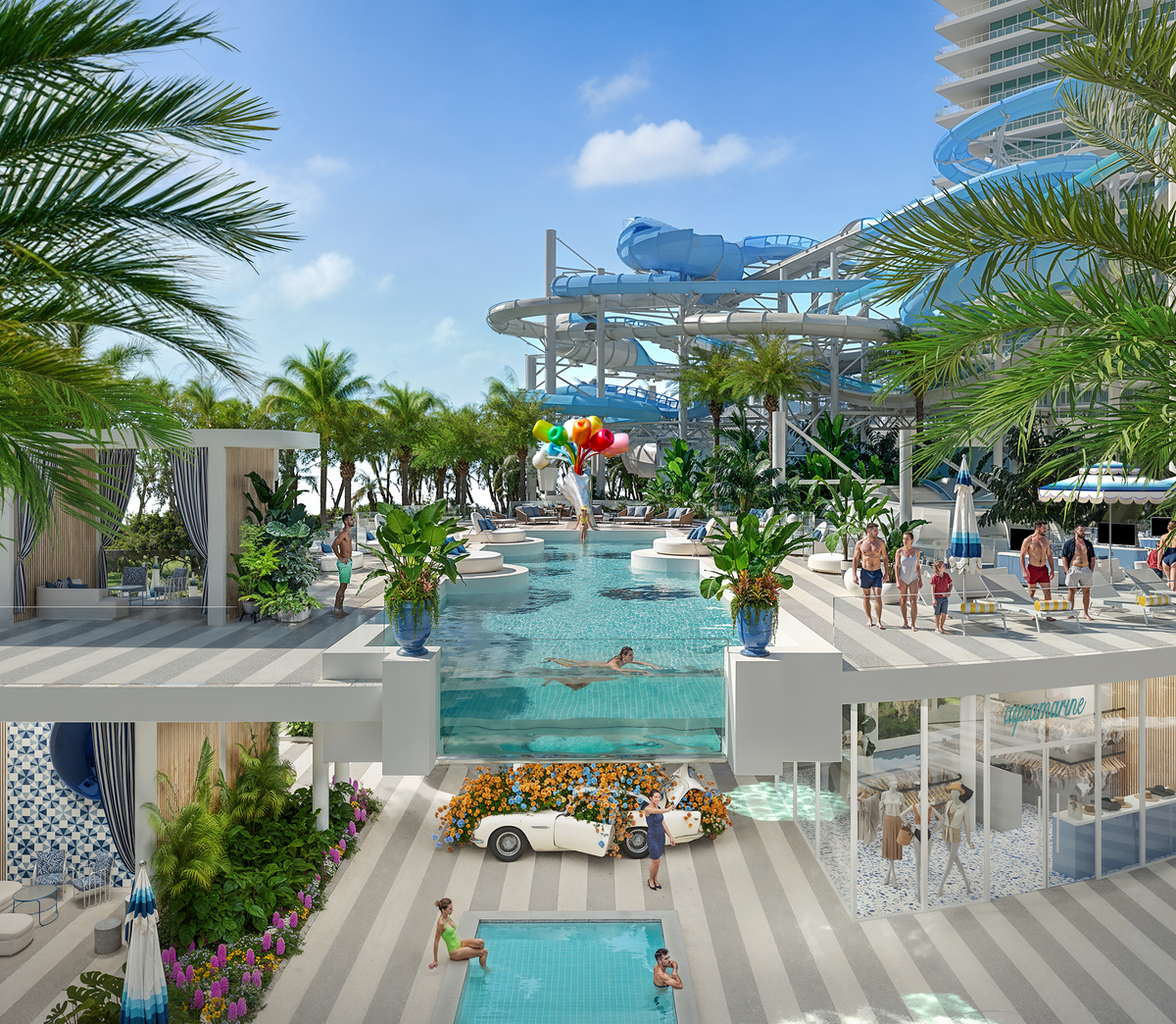 The elevated pool deck at the Fontainebleau Miami Beach Hotel is the site of a massive New Year’s Eve party featuring DJ David Guetta