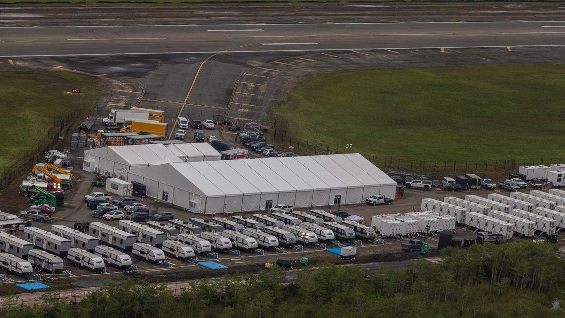 Aerial view of structures including gigantic tents built at the recently opened migrant detention center, “Alligator Alcatraz,” located at the site of the Dade-Collier Training and Transition Airport in Ochopee, Florida on Friday July 04, 2025.