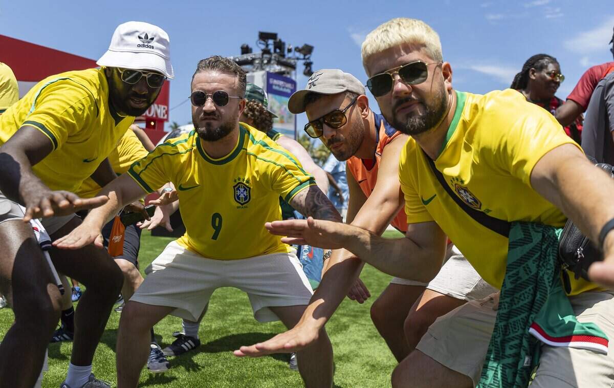 Moses Spencer, Lewis Gods, Harry Smart and Joe Pratley Jones visit the FIFA Fan Festival Miami at Bayfront Park on Saturday, June 13, 2026, in downtown Miami, Fla.